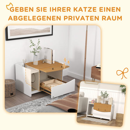 Krabpaal – Kattenbak – Kattenhuis – Kattenmeubel – Kattenkast – Uittrekbare Lade – Anti Grit Mat – 78x50x51 cm – Eikenhout/Wit