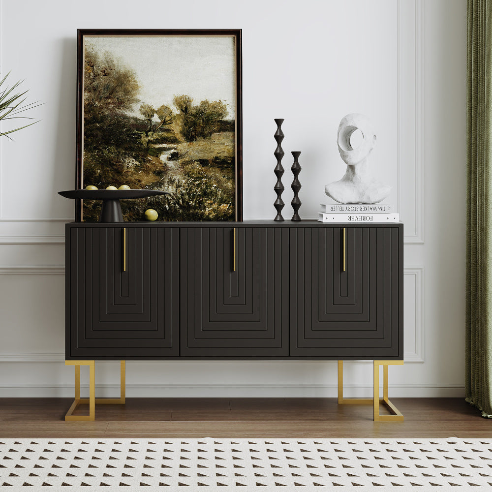 Dressoir – Sideboard – Opbergkast – Buffettafel – Ladekast – Donkergrijs Met Gouden Accenten – U-Vormige Deuren – Verstelbare Planken – Duurzaam Niet-Houten Materiaal