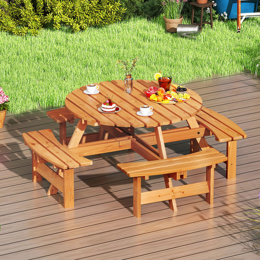 Ronde Picknicktafel – Buitentafel – Tuinset – Terrastafel – Picknickbank – Voor 8 Personen – Geïntegreerde Banken – Parasolhouder 5 cm – Geel – Weerbestendig Materiaal