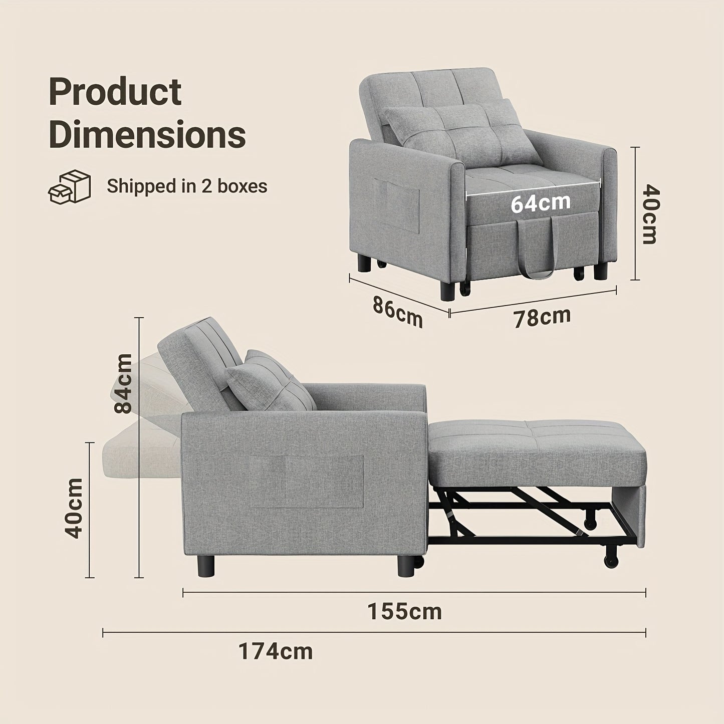 3-in-1 Sleeping Chair Sofa Bed, Convertible Chair With Bed Function, Sofa Bed With Cushion And Side Pocket, Armchair With Sleep Function For Small Apartment (Dark Grey, Light Grey)
