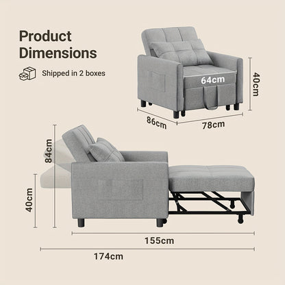 3-in-1 Sleeping Chair Sofa Bed, Convertible Chair With Bed Function, Sofa Bed With Cushion And Side Pocket, Armchair With Sleep Function For Small Apartment (Dark Grey, Light Grey)