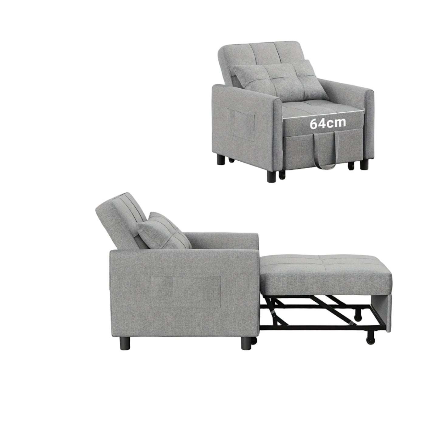 3-in-1 Sleeping Chair Sofa Bed, Convertible Chair With Bed Function, Sofa Bed With Cushion And Side Pocket, Armchair With Sleep Function For Small Apartment (Dark Grey, Light Grey)