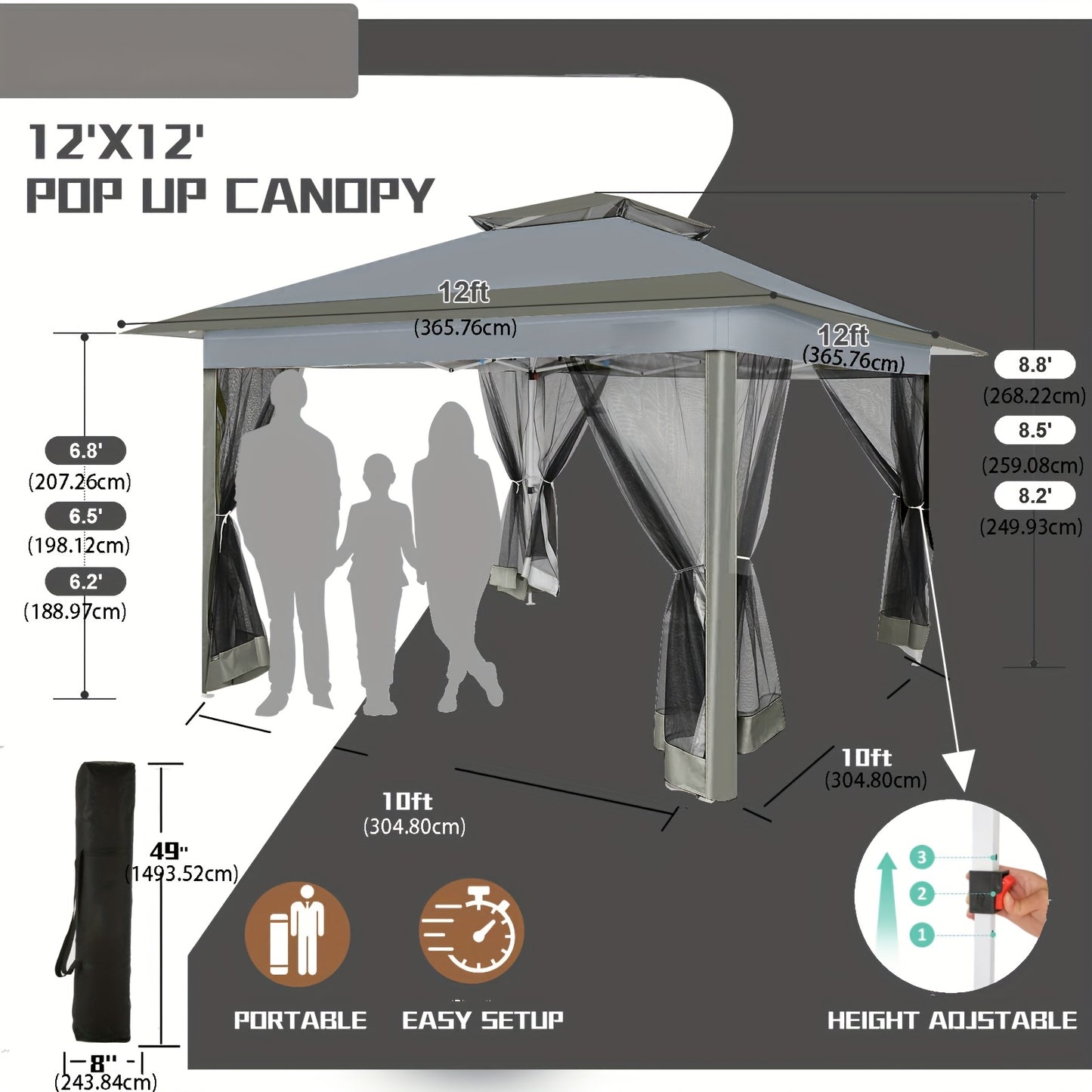 Pop-up Partytent – Vouwtent – Gazebo – Tuinent – Buitentent – Donkergrijs – Automatisch Openen – Muskietennet – 3,6x3,6 Meter – Lichtgewicht Stalen Frame