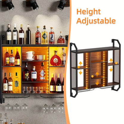 Wijnrek Wand – Wijnfleshouder – Glazenrek – Wandrek – Opbergrek – Zwart Metaal Hout – Verstelbare Legplanken – 2-in-1 Wijn- en Glazenhouder