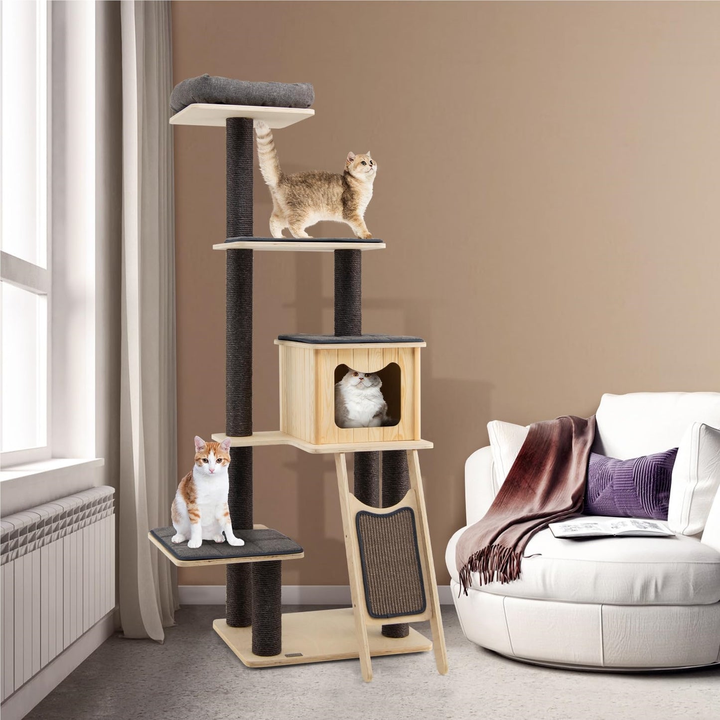 Krabpaal – Krabboom – Kattenboom – Klimpaal – Activiteitentoren – 6-laags Houten Krabpaal Met Sisal – Met Kattenhol En Zacht Kussen – Stabiele, Hoge Klimtoren 175 cm – Grijs-Beige