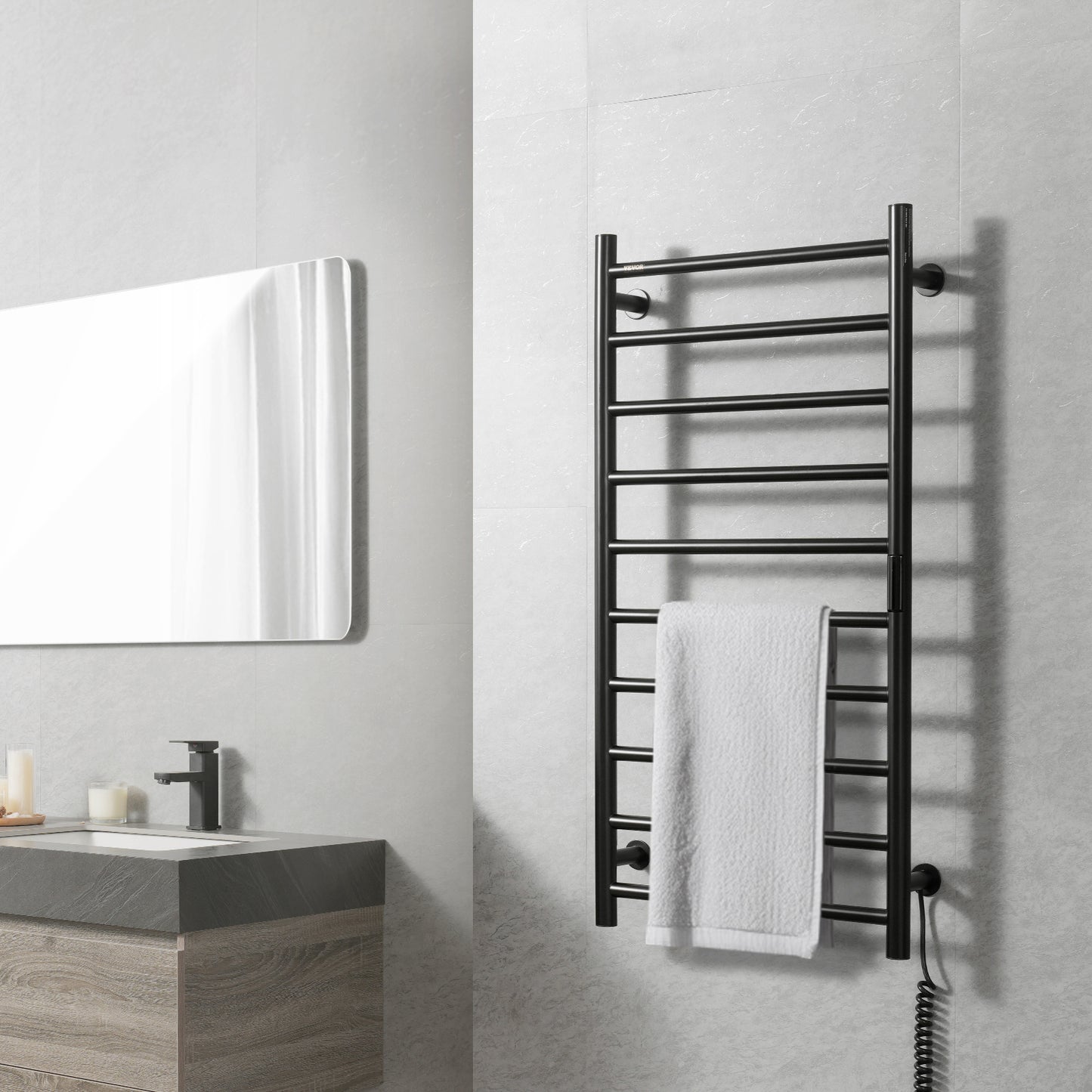 Elektrische Handdoekwarmer – Handdoekradiator – Handdoekdroger – Badkamerradiator – Wandmontage – Mat Zwart – 10 Stangen – Instelbare Timer & 5 Warmtestanden