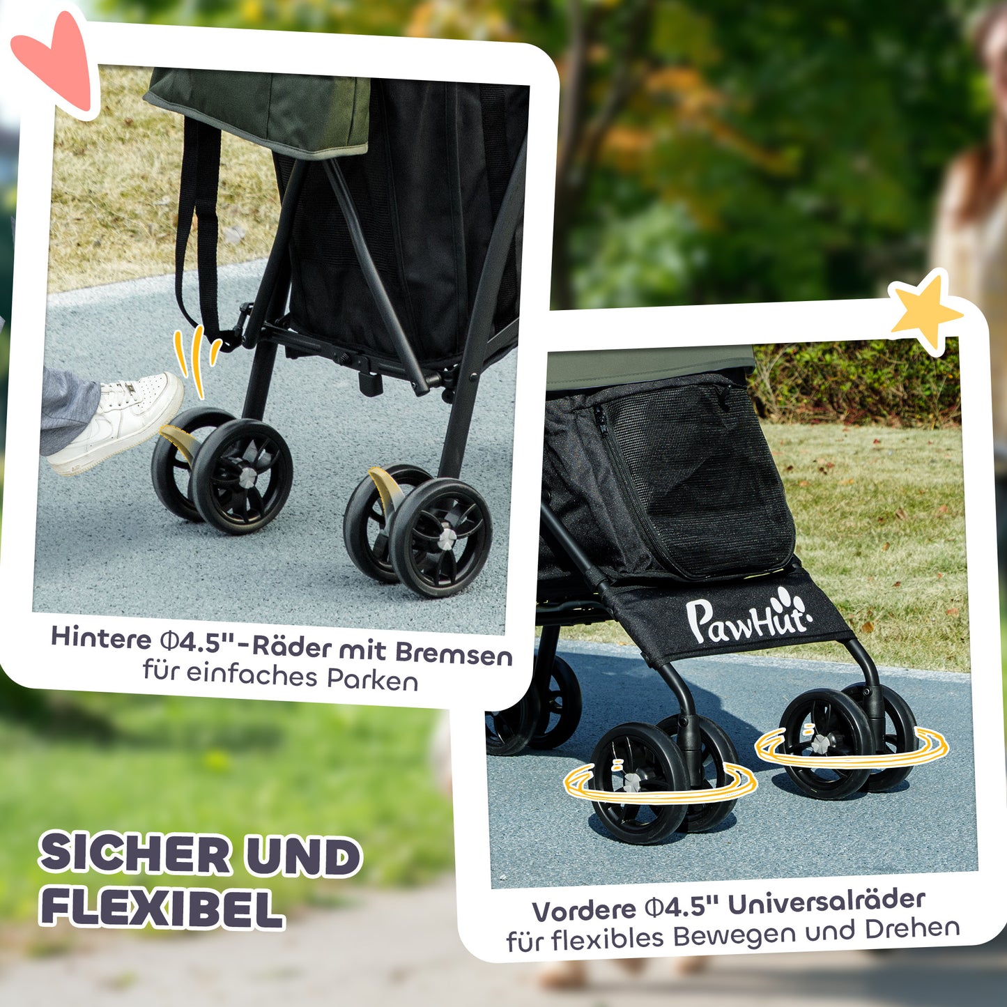 Pet Stroller with Safety Leash, Mesh Window, 76L x 44W x 103H cm, Dark Green