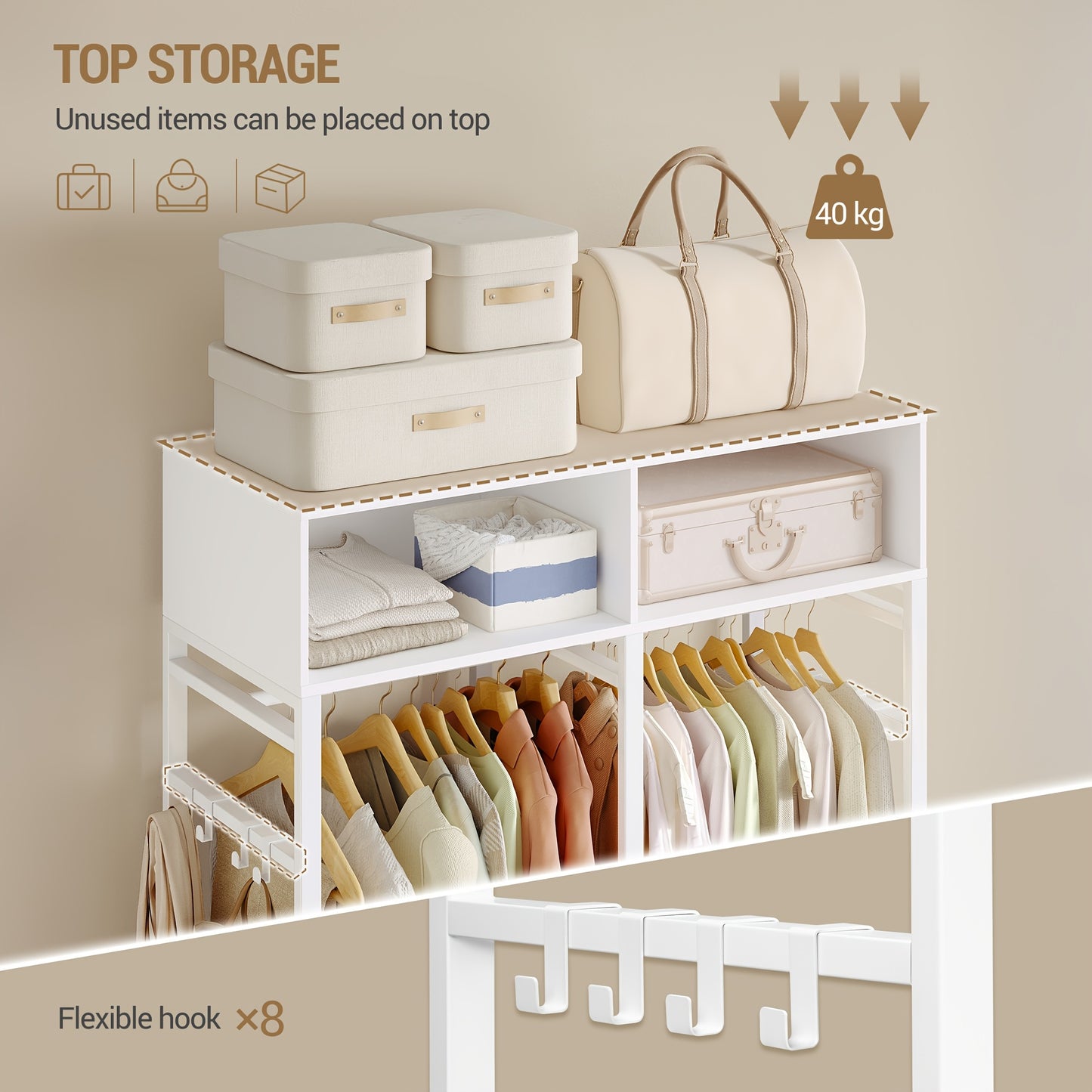 Open Kledingkast – Open Garderobekast – Kledingrek – Dressoir – Opbergkast – Wit – Met 4 Houten Lades – Stevig Metaal & MDF – Moderne Strakke Vormgeving – 100x43x185 cm – Vloerstaand