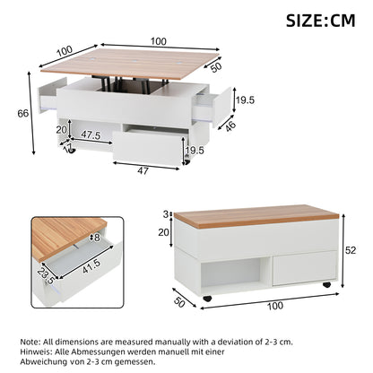 Salontafel – Koffietafel – Tafel – Bijzettafel – Woonkamertafel – Wit Zwart – Verstelbaar Blad Met Wieltjes – Metalen Frame – 4 Laden & Extra Opbergruimte – 100x50x52 cm