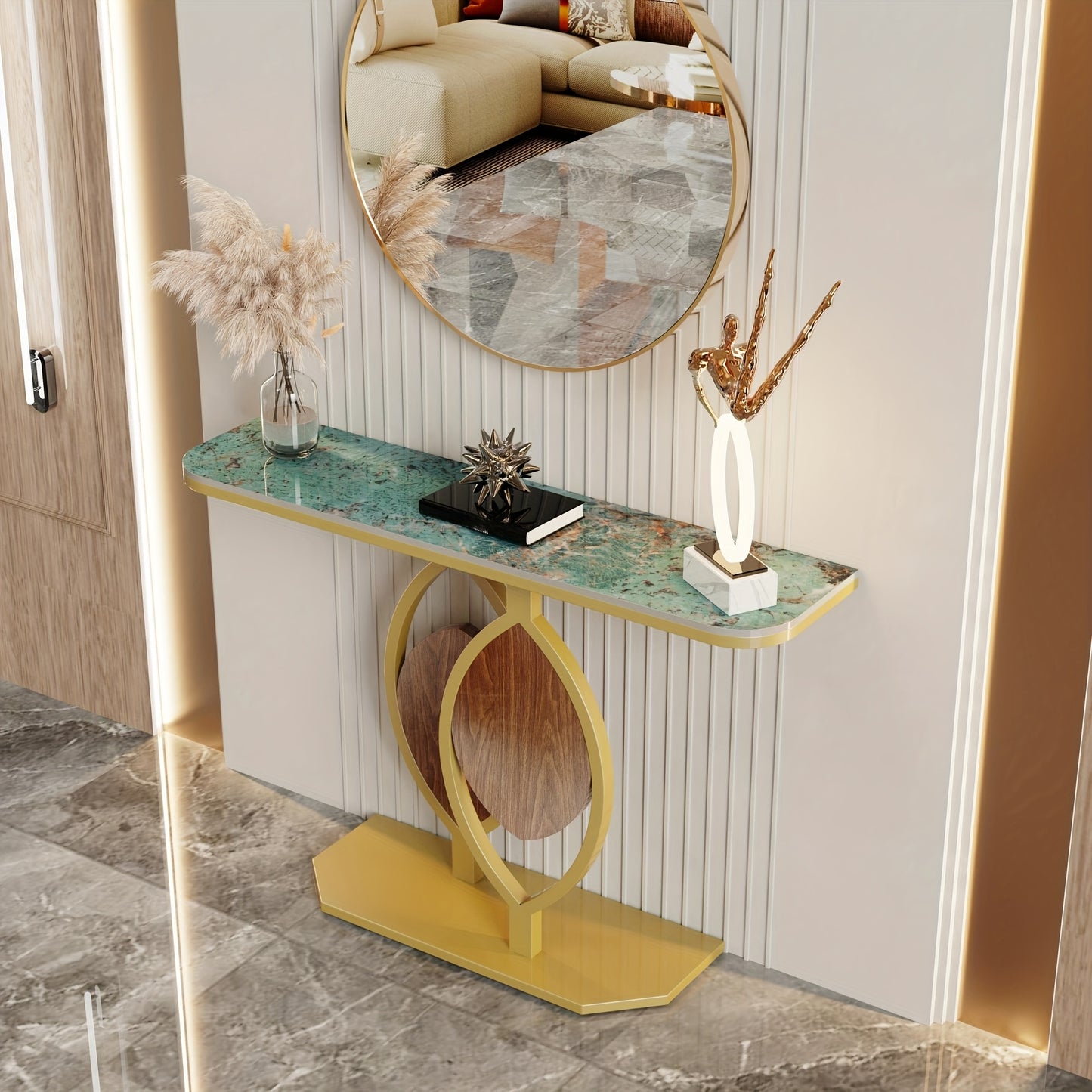 Sidetable – Consoletafel – Haltafel – Wandtafel – Entree Meubel – Luxe Sintered Stone Blad – Kras- en Hittebestendig – Gouden Zelfstabiliserend Metaalframe – Draagvermogen 99,79 kg