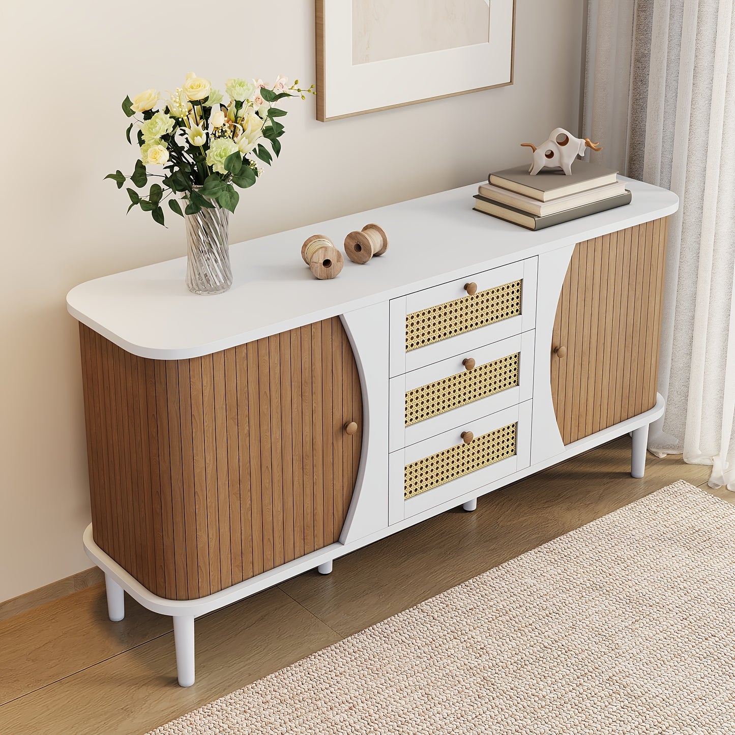Houten Dressoir – Sideboard – Dressoir Kast – Ladekast – Rattan Kast – Massief Hardhout – Schuifdeuren met Lades