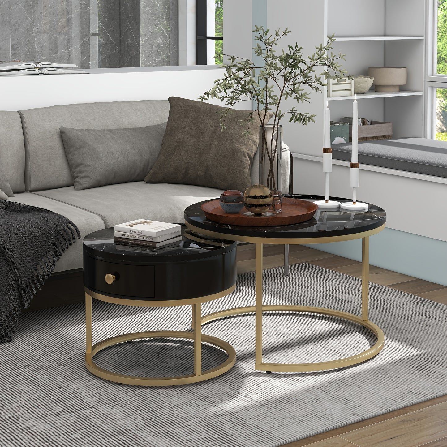 Salontafel – Koffietafel – Bijzettafel – Ronde Tafel – Woonkamertafel – Hoogglans – Imitatie Marmer Structuur – Twee Maten – Zwart