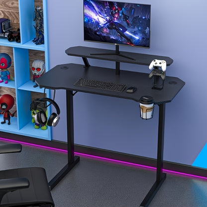 100x55x75cm Carbon Fiber Gaming Desk - Ergonomic Design with Dual Monitor Stand, Cup Holder & Headphone Hook, Multi-Platform Setup for PC, Laptop, Game & Office - Black Polished Metal, Ergonomic Office Desk, Sleek Workstation