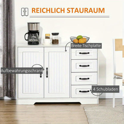 Modern White Sideboard Cabinet with 4 Drawers & Storage Door - Heavy-Duty Hardwood Construction, Contemporary Minimalist Design with Black Knobs, Space-Saving Vertical Storage for Living Room, Hallway, Small Spaces - Easy Ass