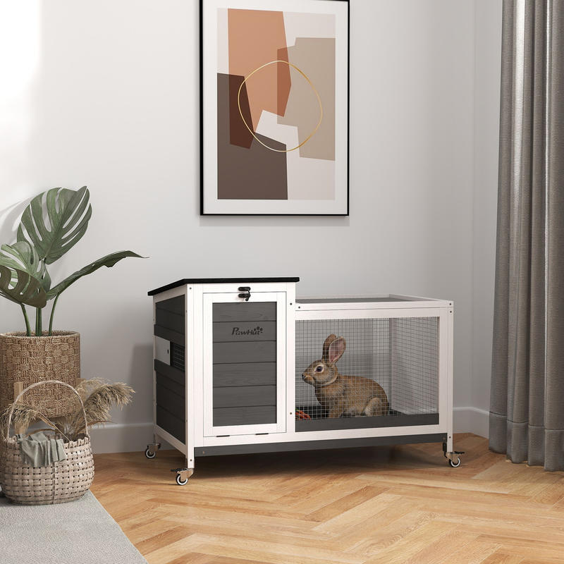 Houten Konijnenhok – Konijnenkooi – Knaagdierhok – Buitenhok – Renhok – Met Wieltjes – Opvouwbaar Dak – 92 x 52 x 67 cm – Geschikt Voor Binnen En Buiten