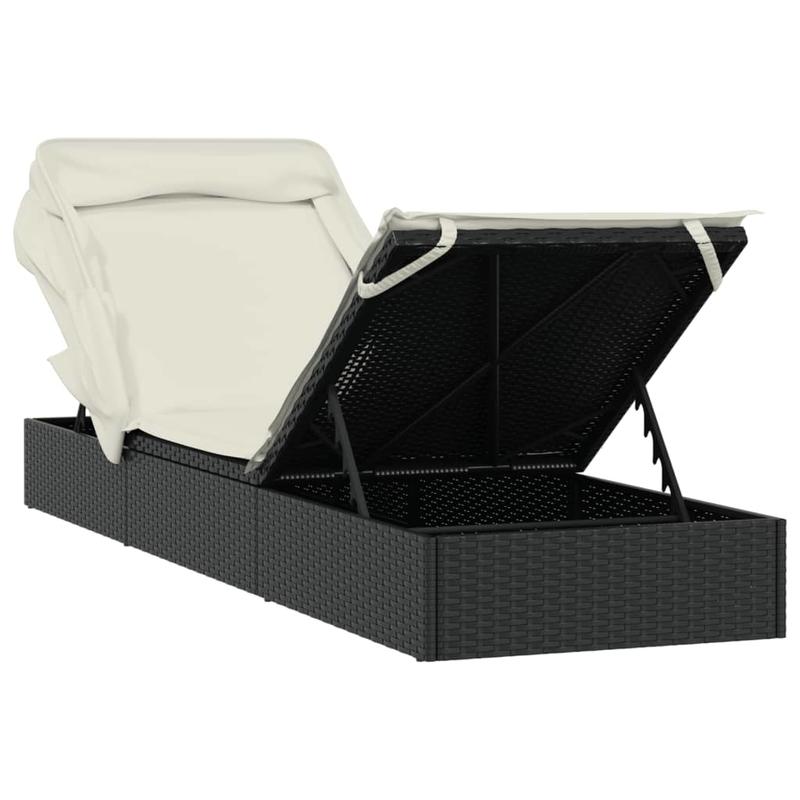 Ligstoel – Ligbed – Zonnebed – Relaxstoel – Ligbank – Zwart – Inklapbaar Zonnescherm – Weerbestendig Poly Rattan – 213x63x97 cm