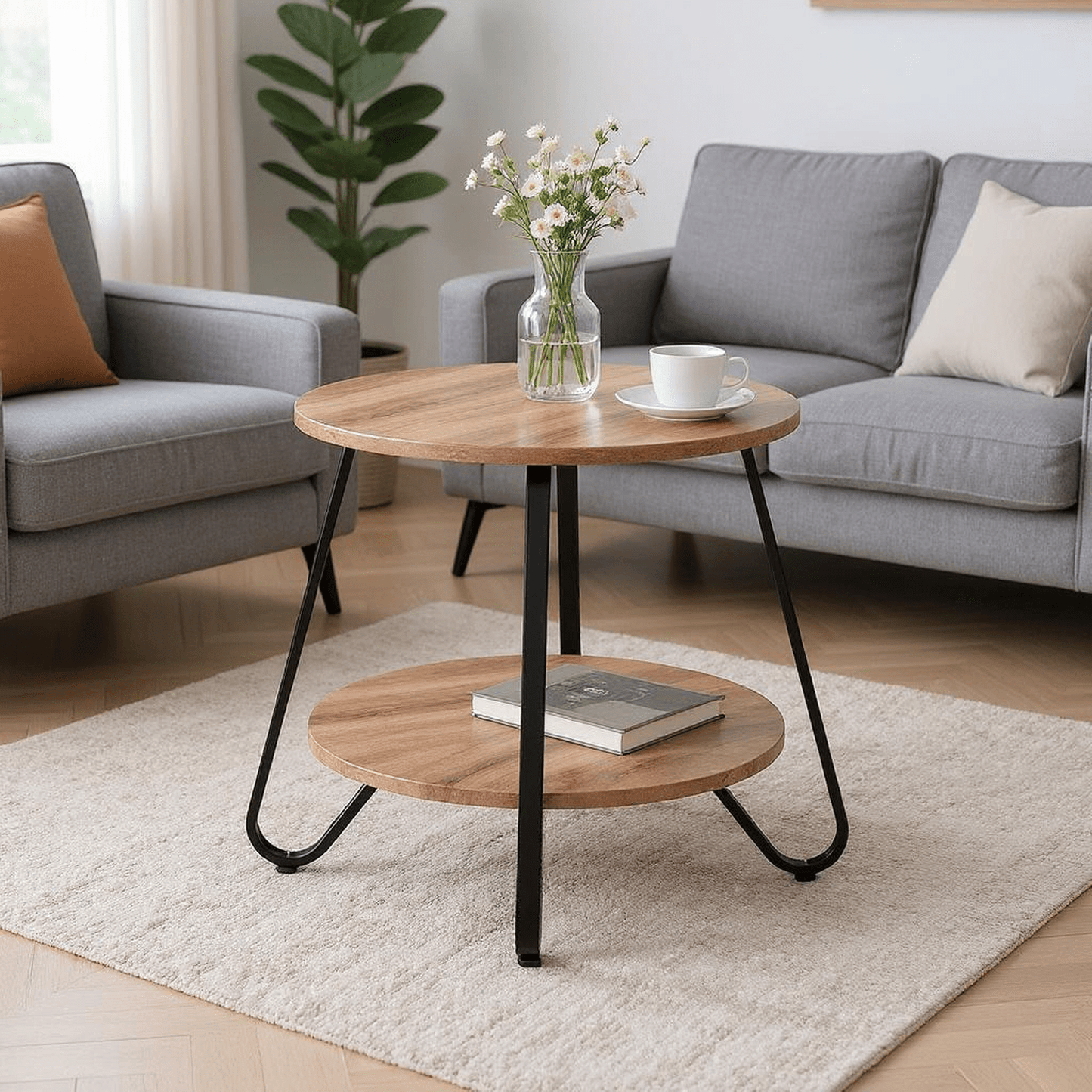 Salontafel – Koffietafel – Bijzettafel – Woonkamertafel – Compacte Tafel – Metalen Frame – 2-Lagen Opbergruimte – MDF Blad Bruin 46x46x45 cm