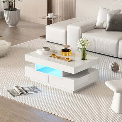 Modern White High-Gloss Coffee Table with Four Front & Back Drawers for Ample Storage, Sleek Two-Tier Design, Perfect for Contemporary Living Rooms, Coffee Table for Living Room
