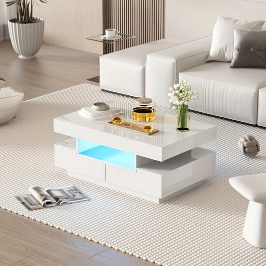 Modern White High-Gloss Coffee Table with Four Front & Back Drawers for Ample Storage, Sleek Two-Tier Design, Perfect for Contemporary Living Rooms, Coffee Table for Living Room