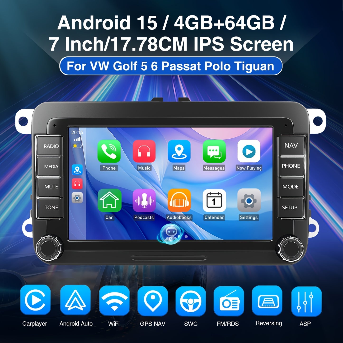 Android 15 Autostereo – Multimedia Systeem – Autoradio – Navigatie – Touchscreen Radio – 7 Inch HD IPS Scherm – 4GB RAM + 64GB Opslag – Draadloze Android Auto en CarPlay – Stuurwielbediening Compatible VW/Seat/Skoda