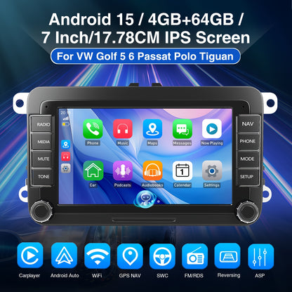 Android 15 Autostereo – Multimedia Systeem – Autoradio – Navigatie – Touchscreen Radio – 7 Inch HD IPS Scherm – 4GB RAM + 64GB Opslag – Draadloze Android Auto en CarPlay – Stuurwielbediening Compatible VW/Seat/Skoda