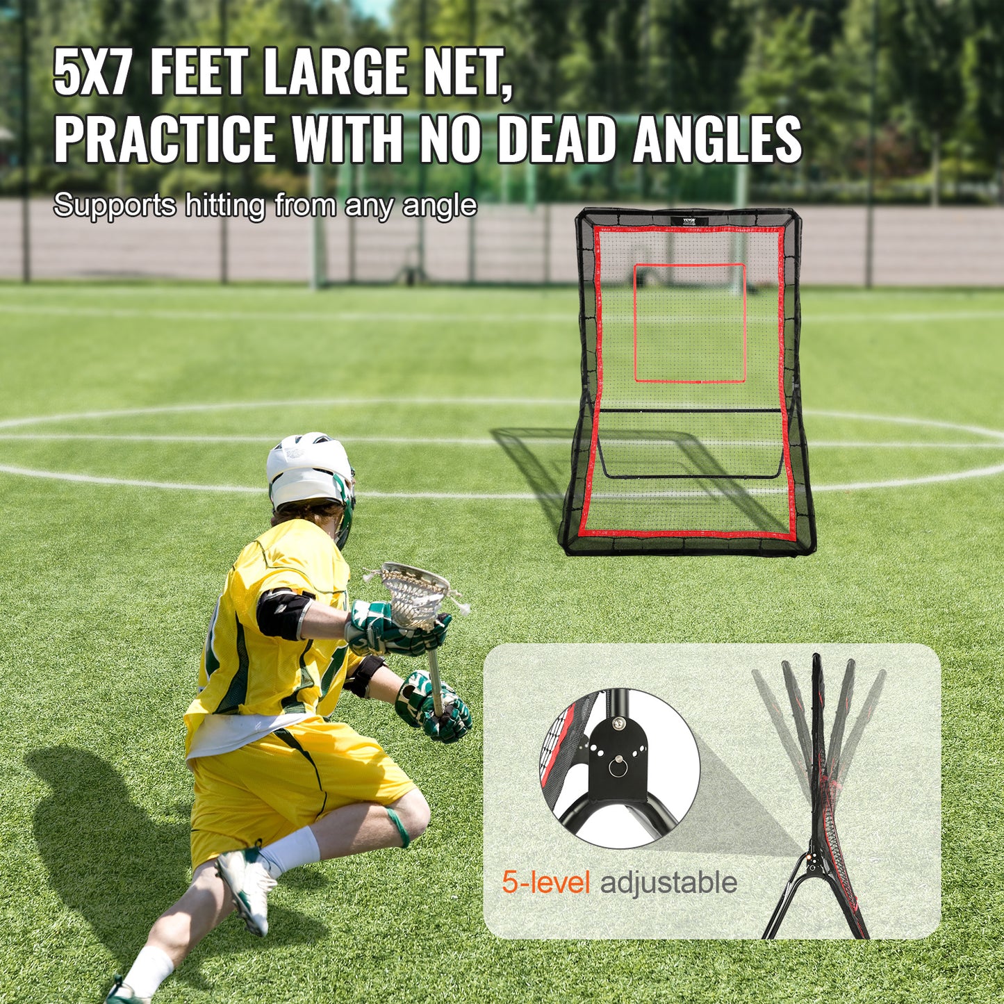 Lacrosse Rebounder – Bounce Back Net – Trainingsscherm – Pitchback Net – Werpscherm – Verstelbare Hoek – Stevig Stalen Frame – 1524 x 2134 mm