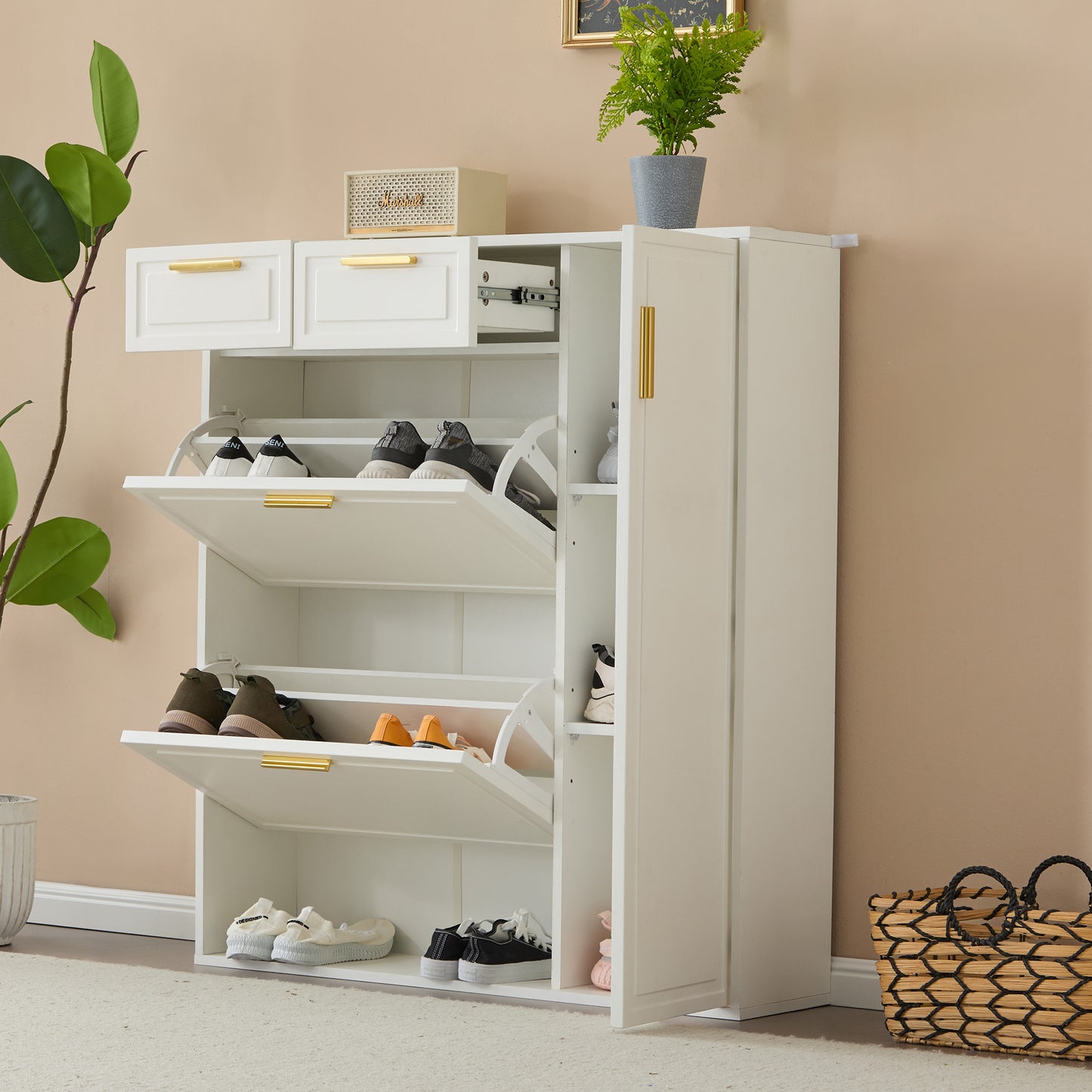 Schoenenkast – Schoenenrek – Schoenenkastje – Schoenopberger – Halmeubel – Verstelbare Planken – Warme Witte MDF Met Gouden Handgrepen
