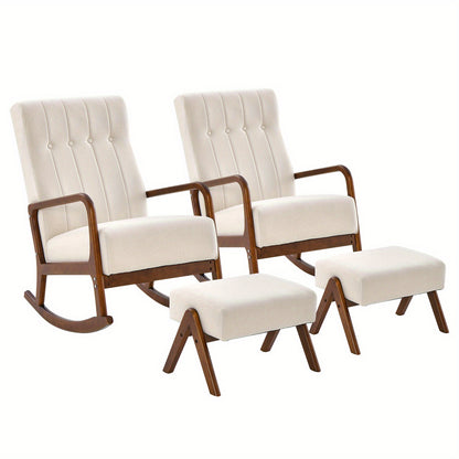 Schommelstoel Met Hocker – Rocking Chair – Relaxstoel – Lounge Stoel – Stoel Met Voetensteun – Wit Katoen Linnen – Ergomisch Design – Houten Frame