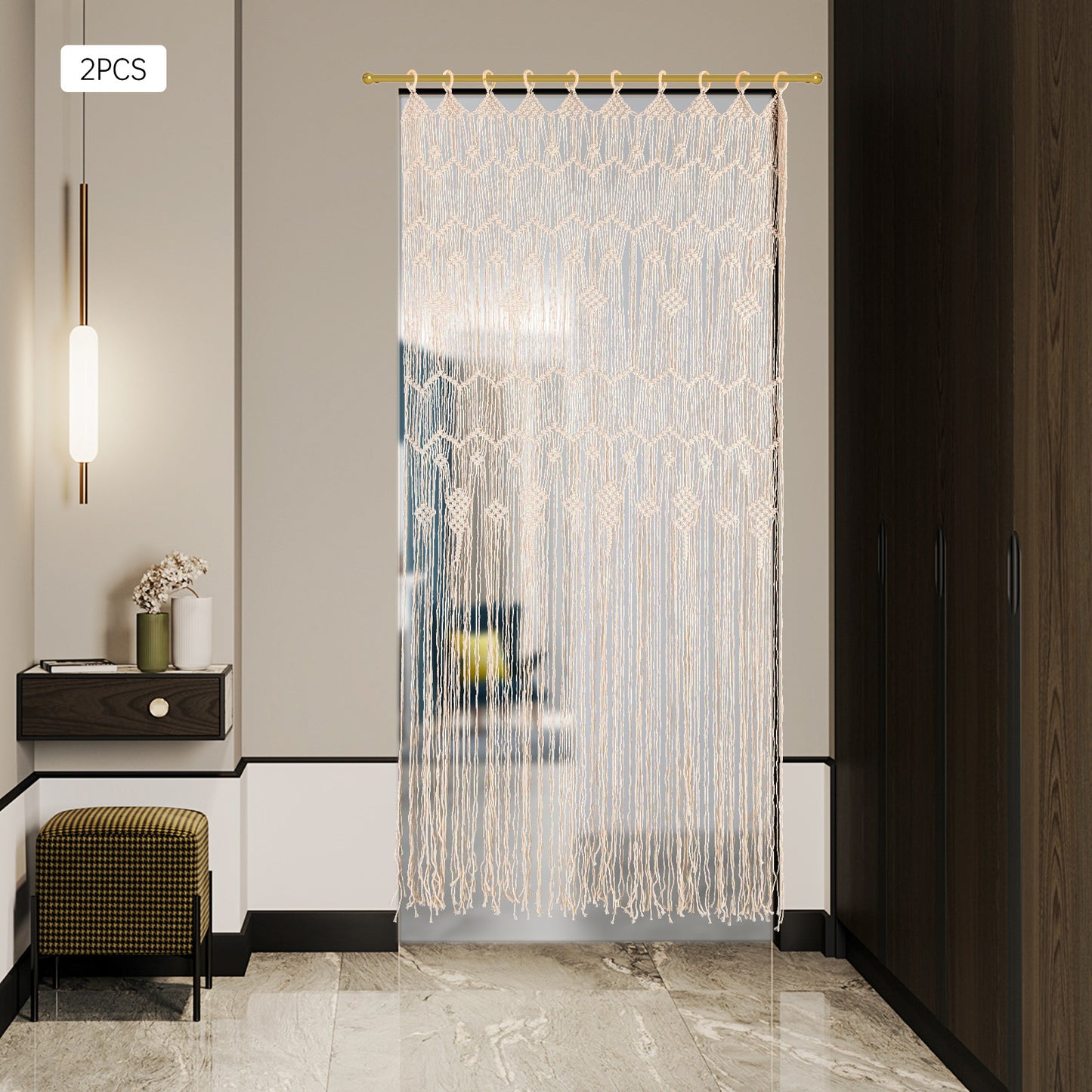 Macramé Gordijnen – Boho Gordijnen – Handgemaakte Gordijnen – Kamerscherm – Raamdecoratie – Beige / Naturel – Extra Lang 100x200 cm – Houten Ringen Voor Eenvoudig Ophangen