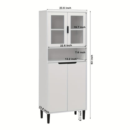 Modern White 4-Door Bookcase with Tempered Glass Doors & Adjustable Shelves - Heavy-Duty Metal Frame & MDF-Free Lacquered Cabinet, Freestanding Storage Shelf for Living Room, Bedroom - Easy Assembly, & Pet- Glass Panels