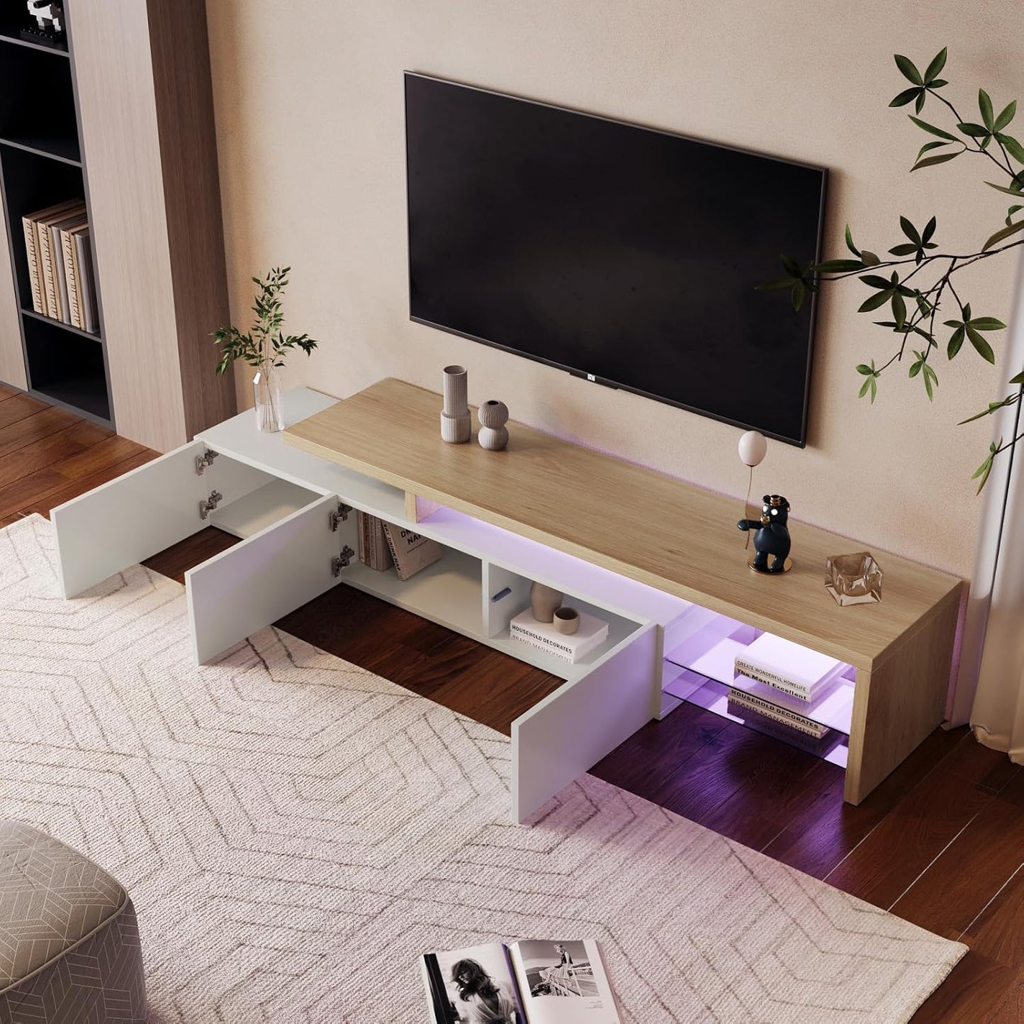 TV-Meubel – TV-Kast – TV-Standaard – TV-Lowboard – Entertainmentmeubel – 200 x 39 x 42 cm – Drie lades en instelbare LED-achtergrondverlichting