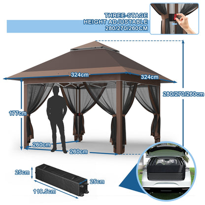 Paviljoen – Tuinpaviljoen – Partytent – Pergola – Prieel – Verstelbare Hoogte – Met Muskietennet – 3,28x3,28 m – Aluminium Frame – Opvouwbaar Met Draagtas Op Wieltjes - Bruin