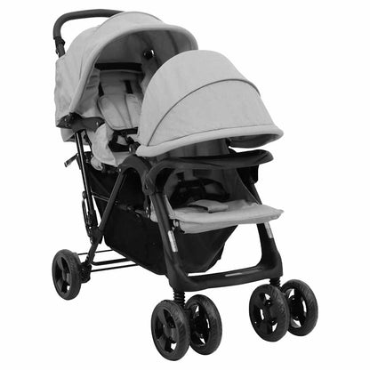 Tandem Buggy – Dubbele Kinderwagen – Tweelingwagen – Kinderwagen Voor Twee – Smalle Buggy – Lichtgrijs – Stalen Frame – Verstelbare Zonnekap