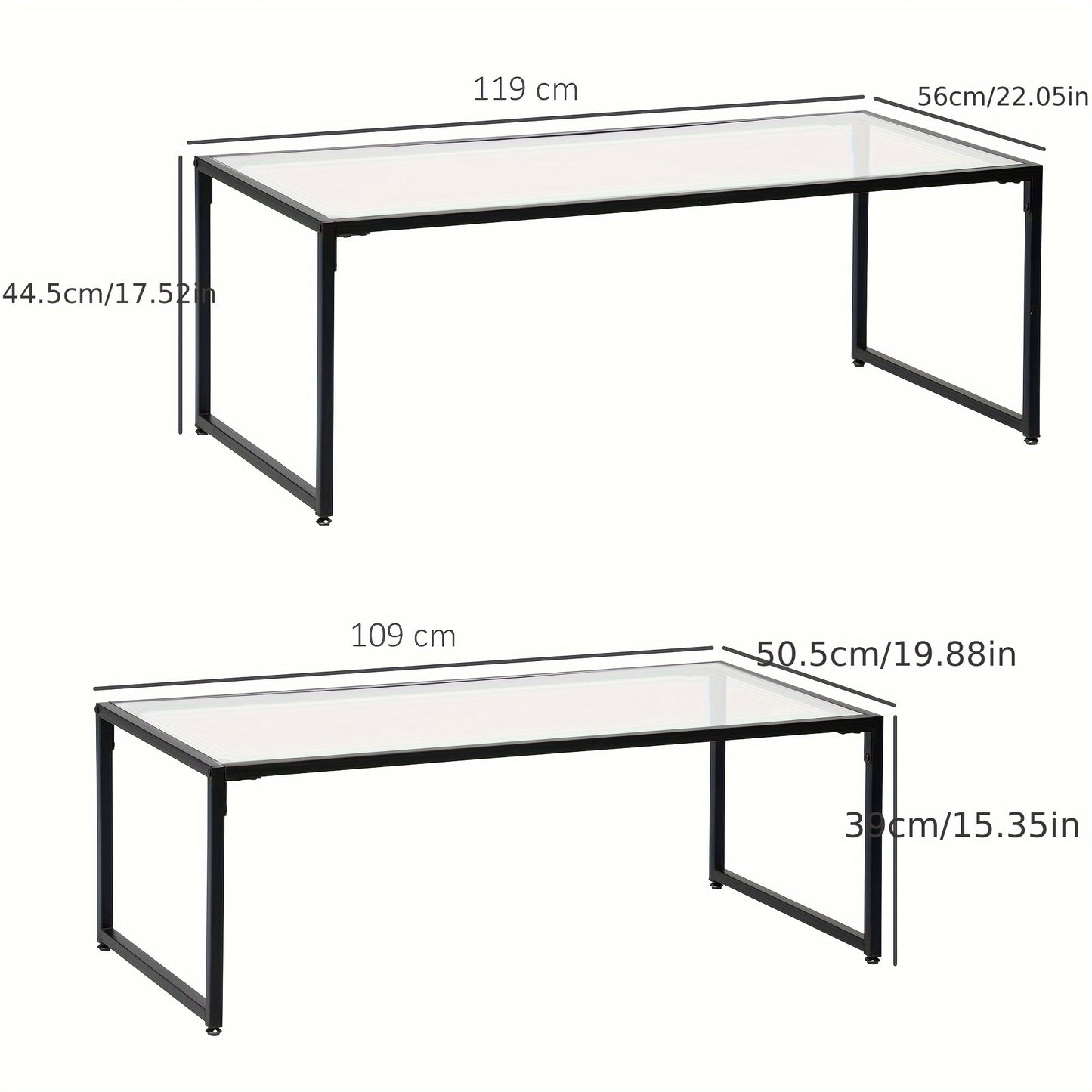Salontafel Set – Bijzettafel – Glazen Tafel – Sofa Tafel – Woonkamertafel – Zwart Stalen Frame – Ruimtebesparend Design – Helder Glasblad