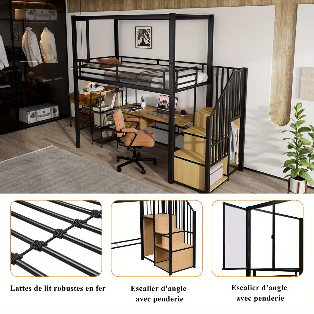 Hoogslaper – Stalen Bed – Met Trap – Opberglade – Kinderbed – IJzer & MDF – Acryl Raampaneel Met Magneet – Ruimtebesparend Design