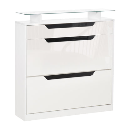 Schoenenkast – Schoenopberger – Schoenenrek – Opbergrek – Schoenmeubel – Wit – 2 Vouwladen + 1 Lade – Verstelbare Glazen Plank