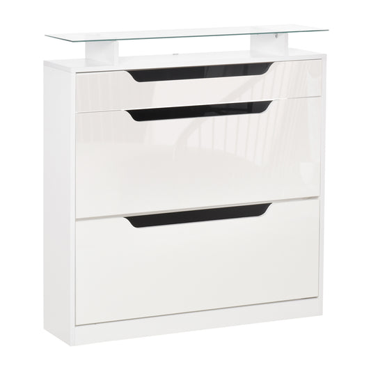 Schoenenkast – Schoenopberger – Schoenenrek – Opbergrek – Schoenmeubel – Wit – 2 Vouwladen + 1 Lade – Verstelbare Glazen Plank