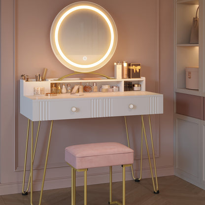 Make-up Tafel – Kaptafel – Dressoir – Make-up Bureau – Vanity – Mat Wit & Goud – LED Spiegel Met Verlichting – 40x90x140 cm – Inclusief Roze Krukje