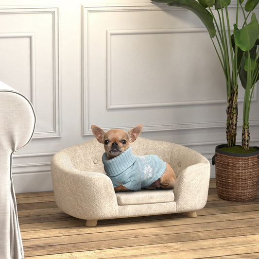 Hondenmand – Huisdier Sofa – Dierenbed – Hondenkussen – Kattenmand – Crème Kleur – Pluche Kussen – Stevig Dennenhouten Frame – 70x47x30 cm