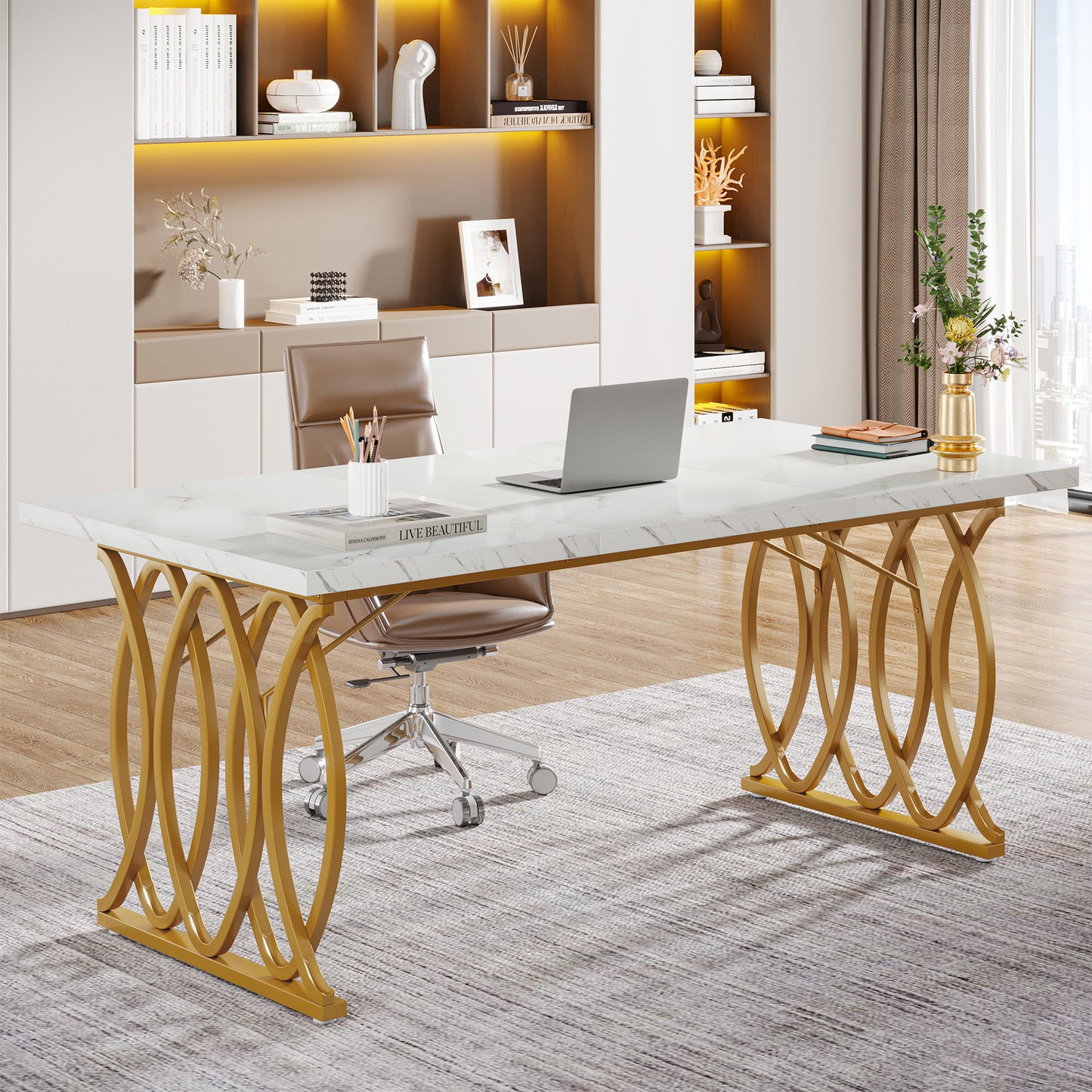 Bureau – Kantoorbureau – Schrijftafel – Computertafel – Vergadertafel – 160x80x75 cm – Met Metaal En Marmerlook