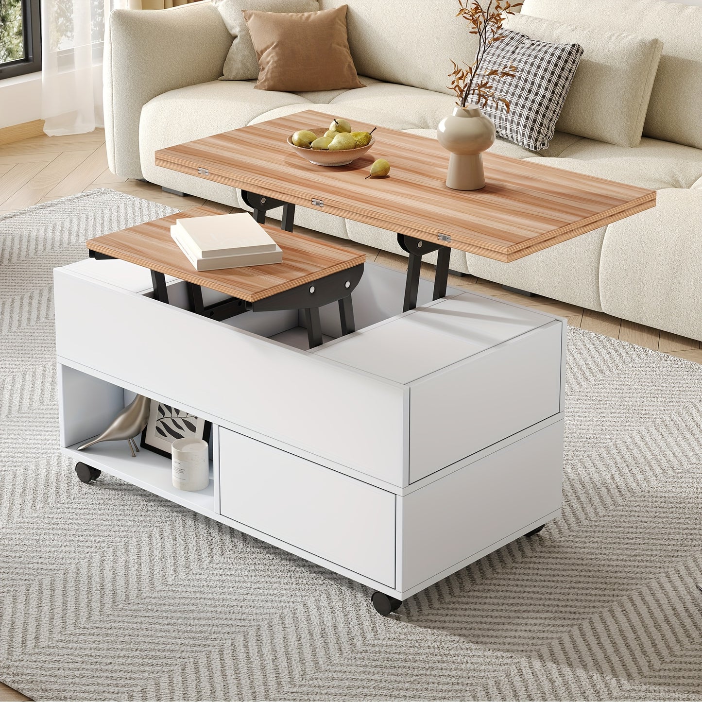 Salontafel – Koffietafel – Bijzettafel – Woonkamertafel – Tafel – Bamboe – Verstelbare Hoogte Met Lift-Top – 4 Lade Opbergruimte Met Wieltjes