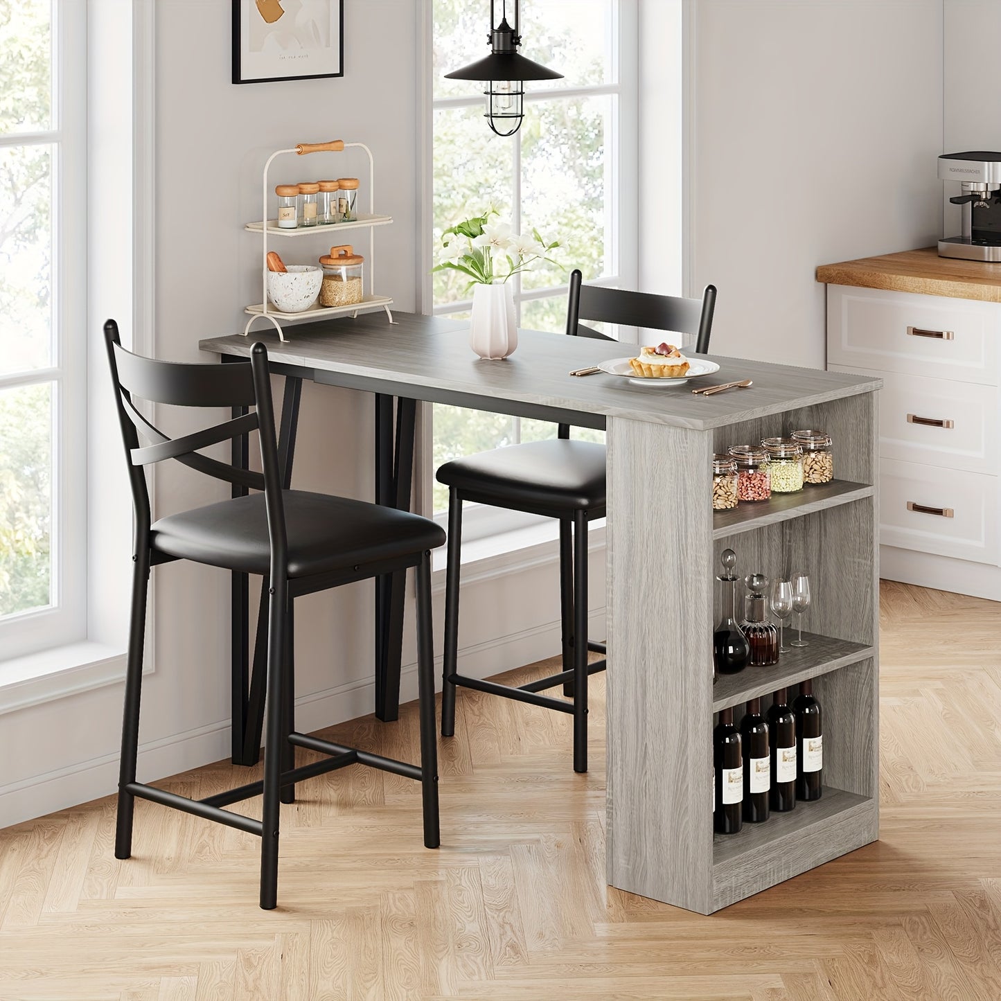 Eettafelset Uitklapbaar – 2-Persoons Tafel met Stoelen – Uitbreidbare Keukentafel – Compacte Ontbijttafel – Opbergrek Eettafel – Hardhout-achtig Materiaal – Ruimtebesparende Flip-Top Extensie - Grijs
