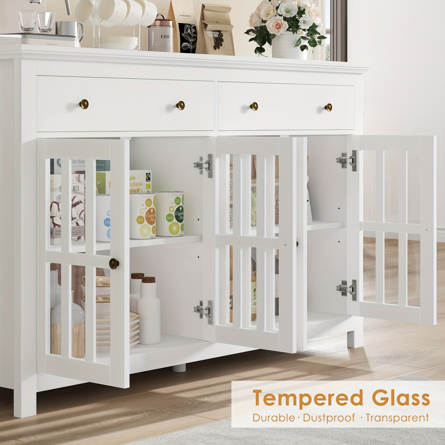 Keukenkast – Opbergkast – Sideboard – Buffetkast – Dressoir – Wit Houten Meubel – 3 Lades & 2 Deuren – Verstelbare Planken – Massief Hout