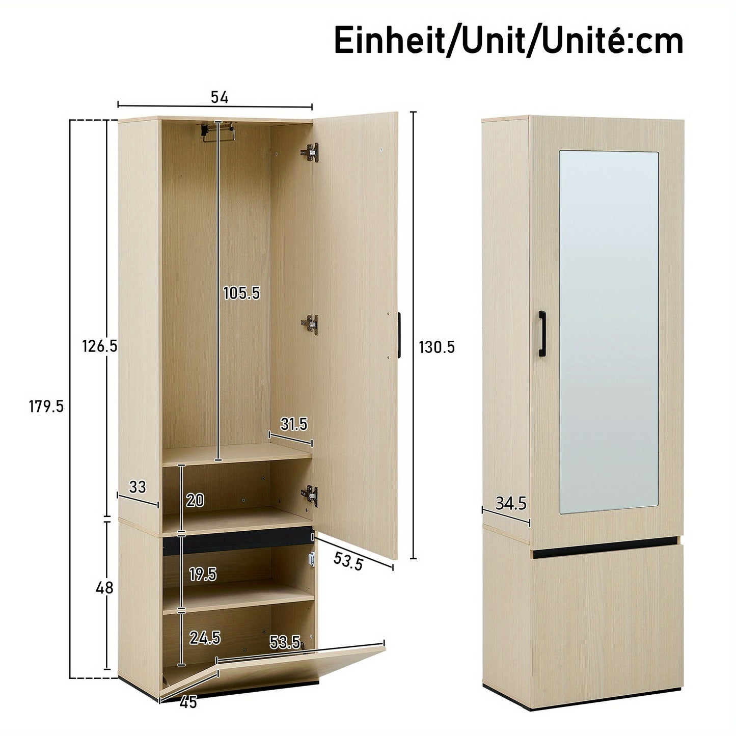 Smalle Kast – Smalle Kledingkast – Smalle Opbergkast – Kapstokkast – Spiegelkast – Houtkleur – Uittrekbare Kledingstang – Ruimtebesparend Design