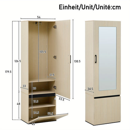 Smalle Kast – Smalle Kledingkast – Smalle Opbergkast – Kapstokkast – Spiegelkast – Houtkleur – Uittrekbare Kledingstang – Ruimtebesparend Design