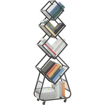 5-Laagse Metalen Boekenkast – Boekenkast – Boekenplank – Boekrek – Opbergrek – Zwart – Stevige Metalen Constructie – Wieltjes Met Rem