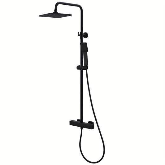 Regendouche – Doucheset – Douche Systeem – Douchekop – Thermostaatkraan – Mat Zwart – RVS Regendouche 22x22 cm – Thermostatische Veiligheid 38°C