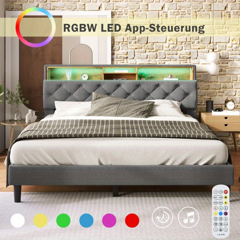 Bed Met Opbergruimte – Tweepersoonsbed – Slaapbed – Ledikant – Boxspring – Matras Inclusief – Gestoffeerd Grijs – Houten Lattenbodem – 140x200 cm