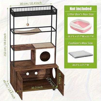 Multi-Level for cat Cabinet with Litter Box Enclosure, Metal Shelves, Hanging Bed & Play Ball - Double Door for cat House with Hidden Litter Box, Spacious for cat Cave with Entrance Tunnel - Sturdy Modern Design for Indoor fo