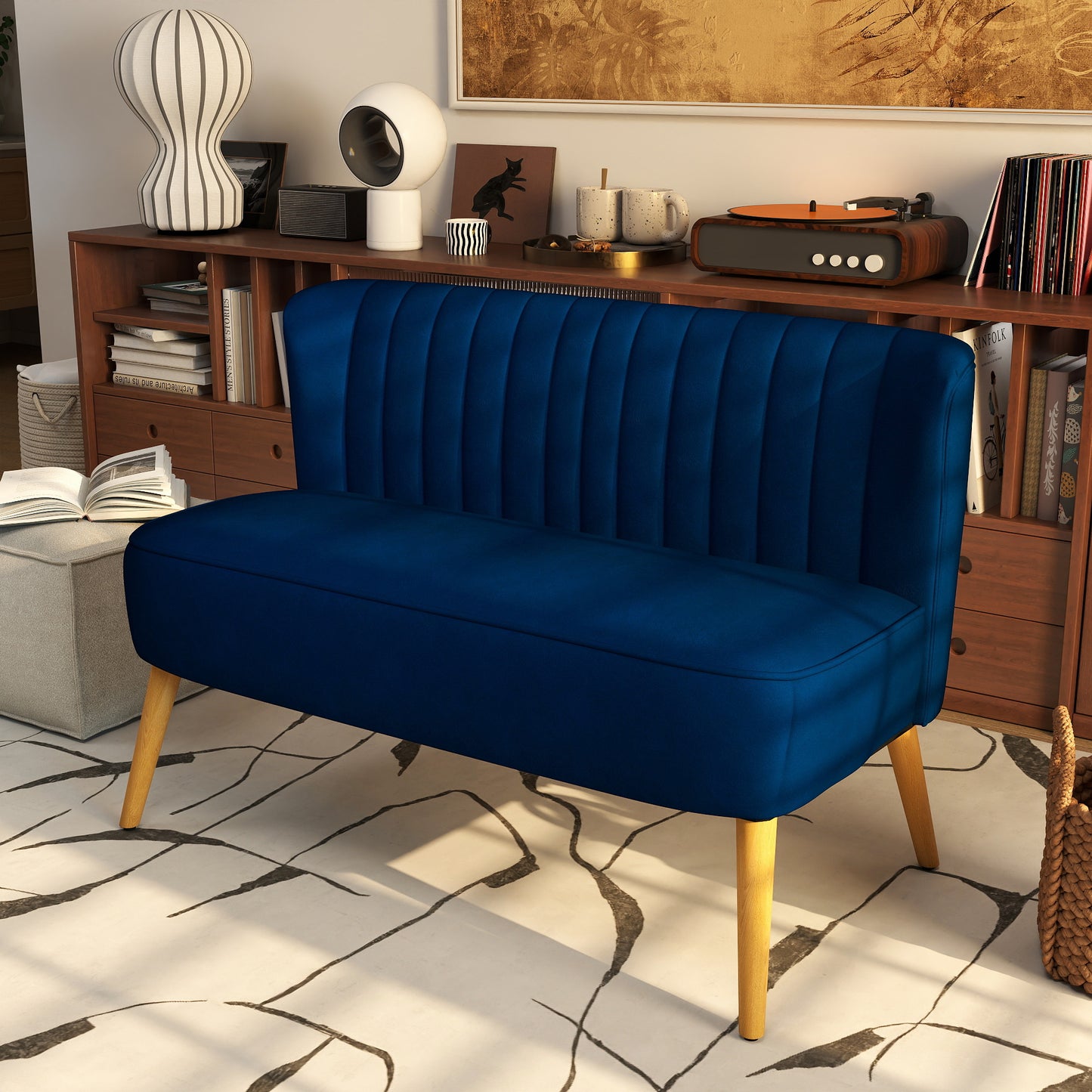 2-zits bank – tweezitsbank – loveseat – compacte bank – sofa – retro design – massief houten poten – dieppaarsblauwe stof
